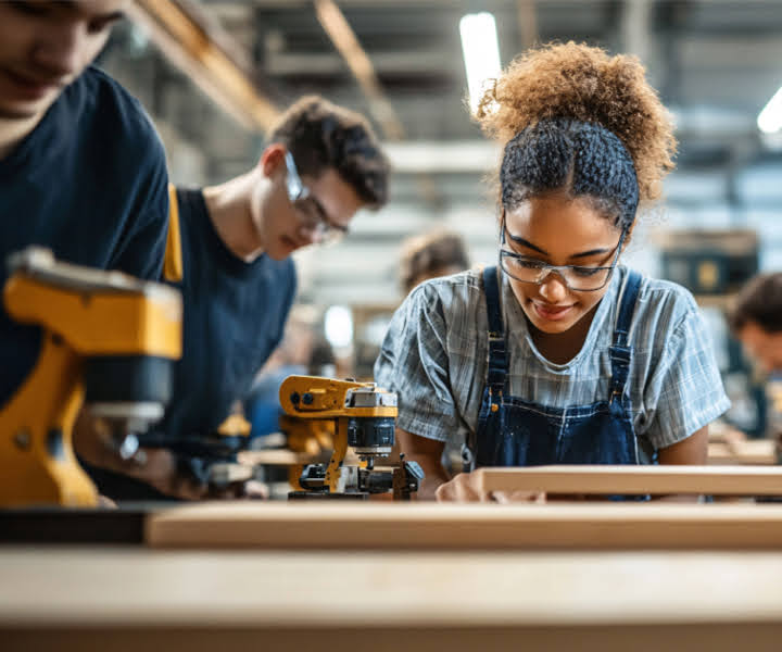 Students learning construction in classroom